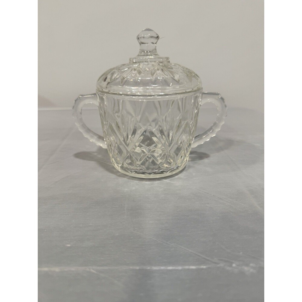Antique Clear Cut Glass Sugar Bowl w/ Lid & Double Handles – Starburst Pattern